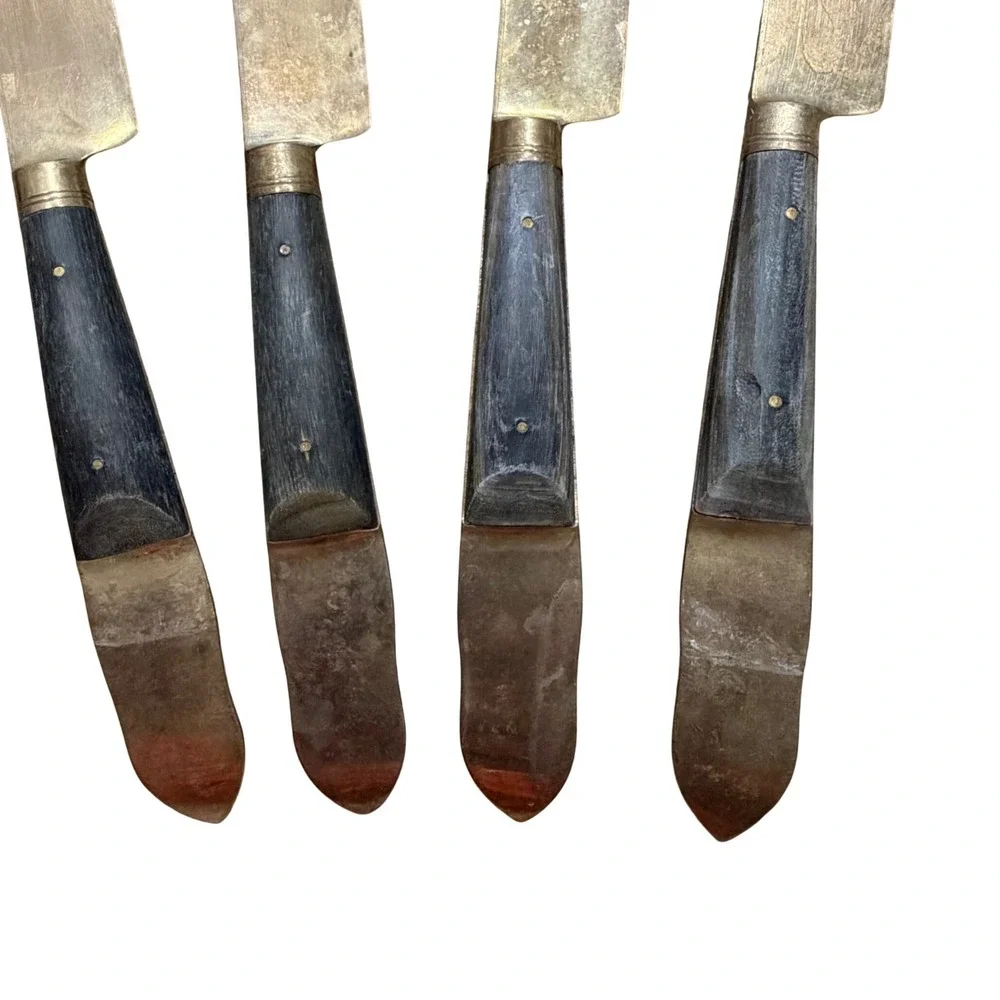 Vintage Thai Bronze Dessert Knives Set of 7 Wood Handle Goddess Deity Thailand